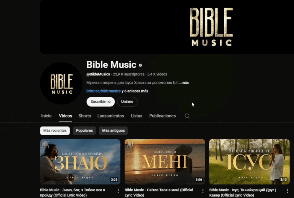 Canal de YouTube de música cristiana con canciones inspiradas en la Biblia y letras religiosas en formato lyric video
