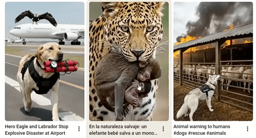 Ejemplos de canales automatizados de historias heroicas de animales creados con inteligencia artificial y narración con voz generada por ElevenLabs
