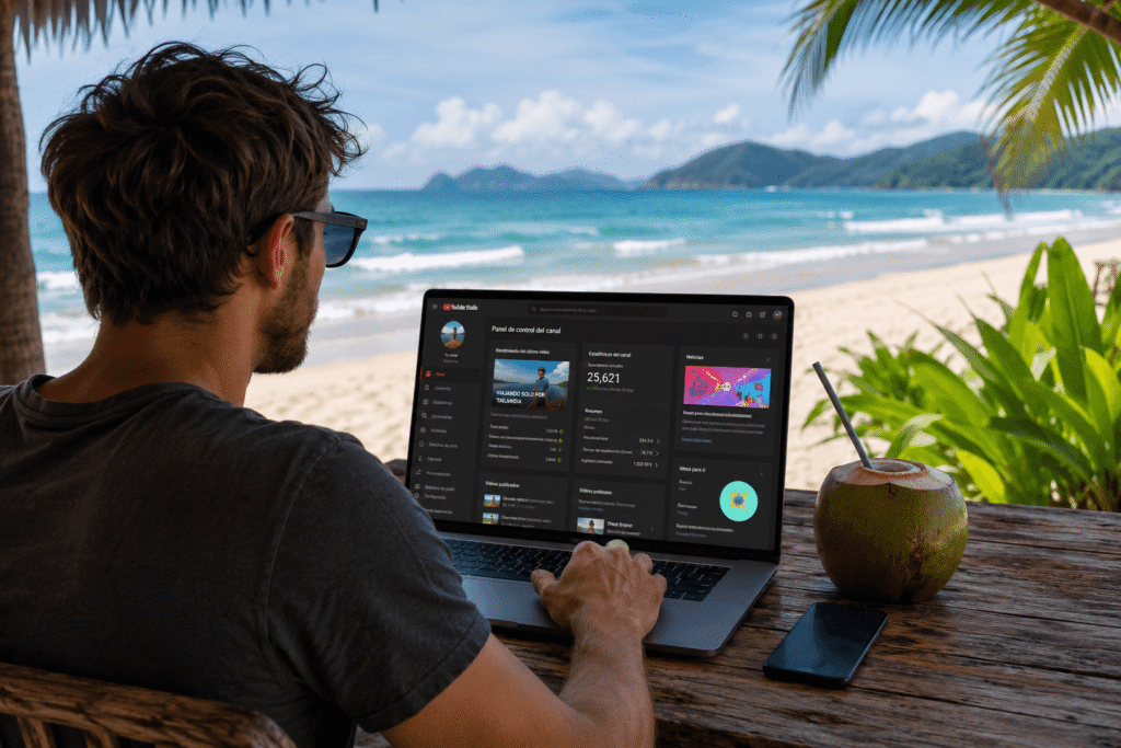Persona trabajando con su portátil en la playa mientras gestiona un canal de YouTube