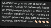Captura de chat de WhatsApp donde una profesional de enfermería agradece la labor divulgativa del curso de inversión.